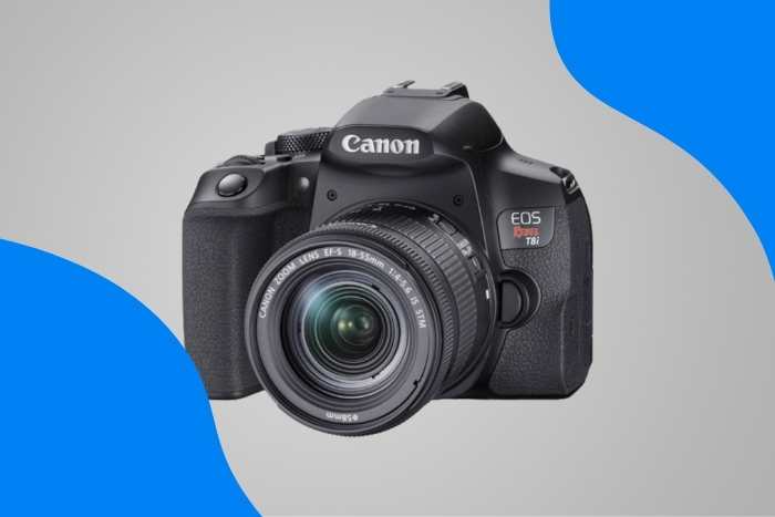 Canon EOS Rebel T8i camera with funky pattern background