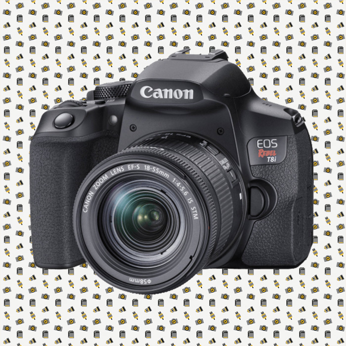 Canon EOS Rebel T8i camera with funky pattern background