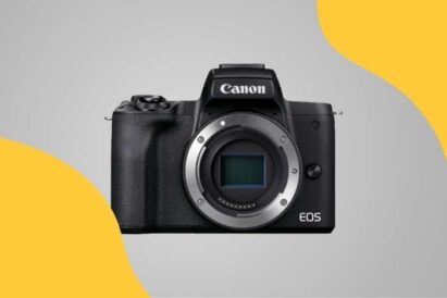 Best Cameras for Podcasting (Canon EOS M50 II) on a patterned background