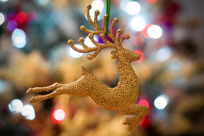 Christmas reindeer ornament and background light bokeh