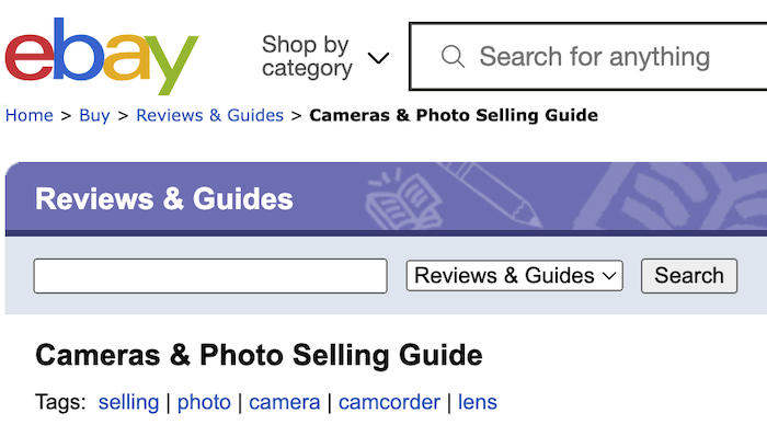 Screenshot of eBay's website for its camera and photo selling guide