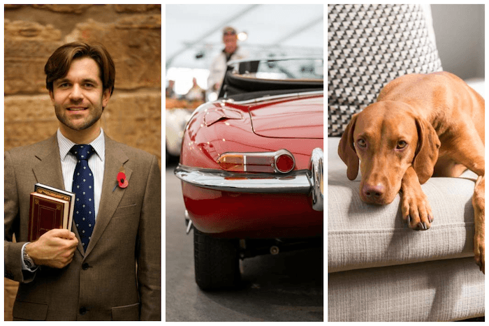 Indoor photo triptych of a man holding books, the back of a red sports convertible, and a dog laying on a couch