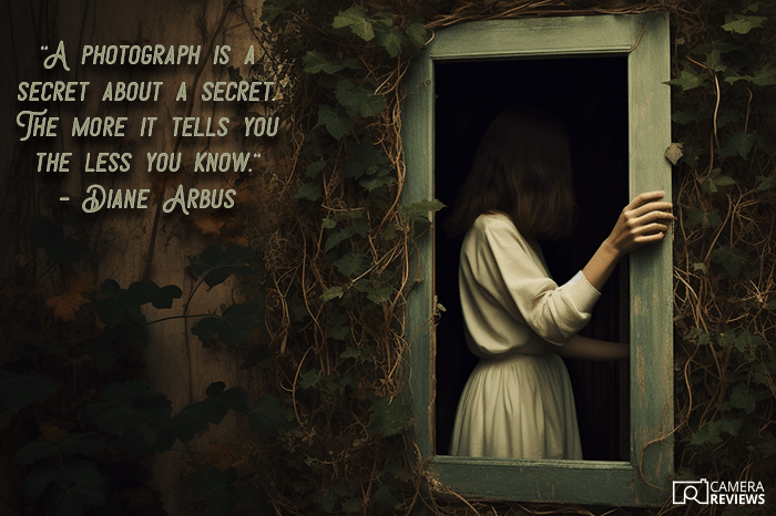 Diane Arbus Photography quote overlayed on a mysterious portrait photo