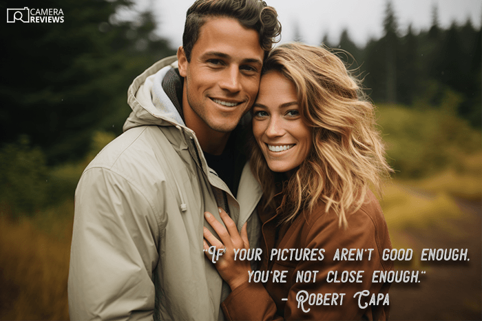 Robert Capa Photography quote overlayed on a mysterious portrait photo