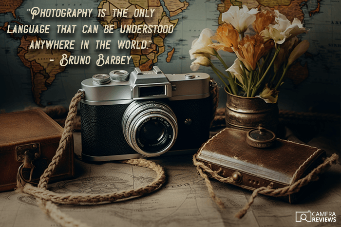 Bruno Barbey Photography quote overlayed on a still life photo