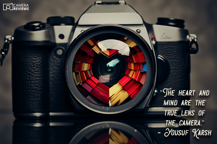 Yousuf Karsh Photography quote overlayed on a still life photo of a camera with colorful lens