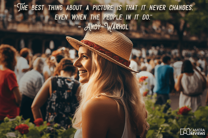 Andy Warhol Photography quote overlayed on a portrait photo