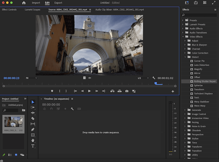 Screenshot of Adobe Premiere Pro to fix rolling shutter effect