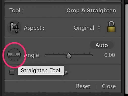 A screenshot of selecting the Straighten tool in Lightroom