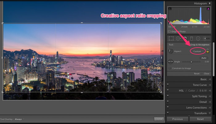 A screenshot showing how to use "creative aspect ratio cropping" in Lightroom with a custom crop setting