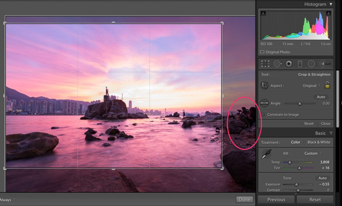 A screenshot showing how to crop out unwanted parts in a seascape picture in Lightroom