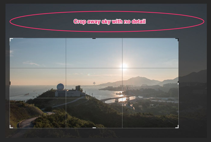 A screenshot showing how to crop away the sky in a landscape photo with the words "crop away sky with no detail"
